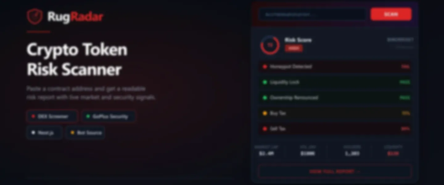 Screenshot of RugRadar Crypto Token Risk Scanner SaaS MVP with Bot Source