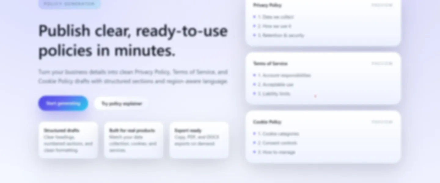 Screenshot of Legal Policy Generator Web Application with AI-Powered Explanations
